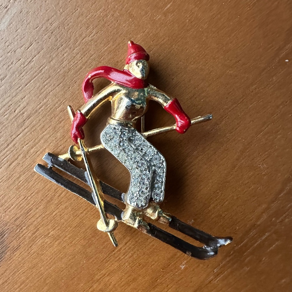 Vintage Skiing Brooch with Enamel, Rhinestone and Gold Accents